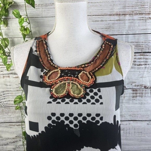 Desigual Blouse Tank Extra Small Orange Green Black Sheer Beads Cocktail Party - Picture 3 of 10